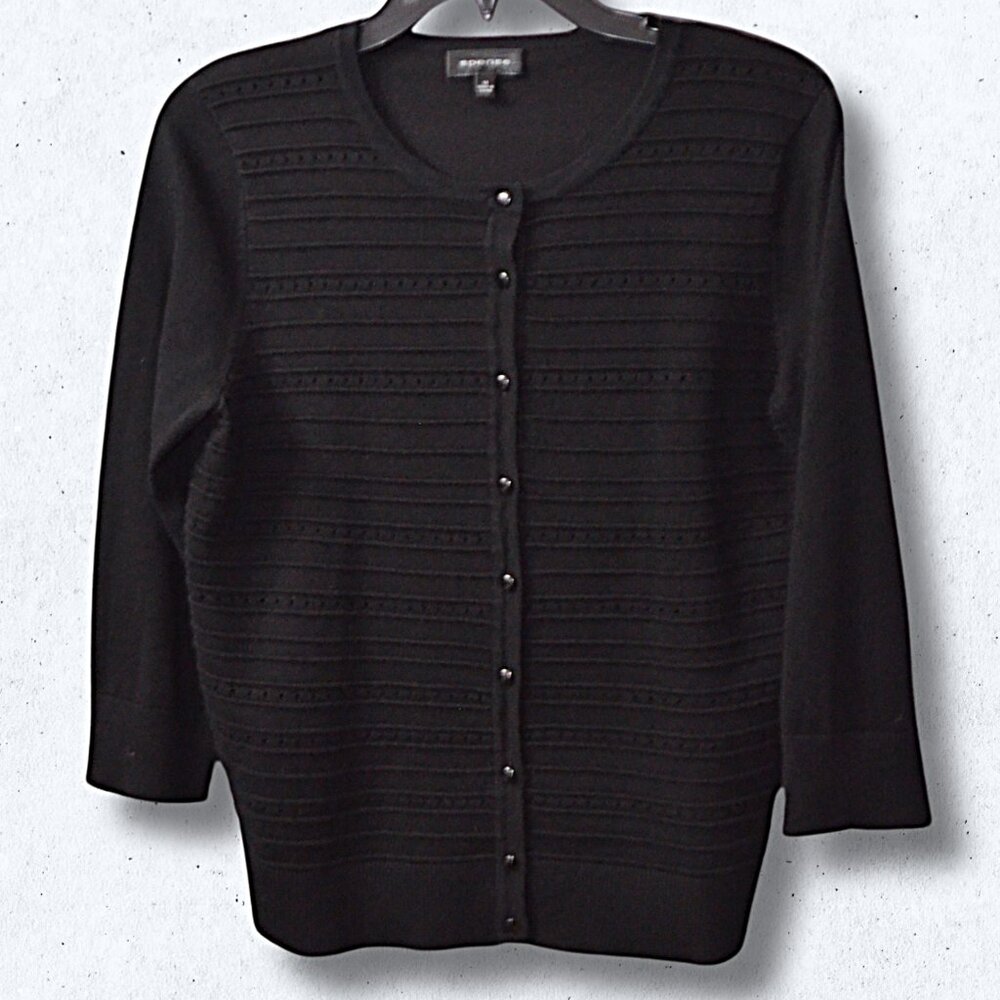 Spense Black Cardigan Sweater 3/4 Sleeves Button-Front closure Soft Knit Size M